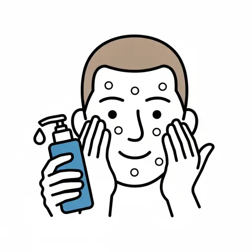 A person applies skin-care product to their face with foam on the cheeks.