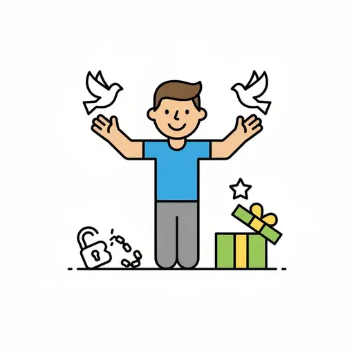A person stands with arms raised, with two doves, an open padlock and an opened gift.