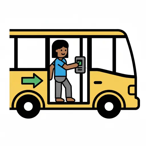 Een lachende persoon met een tas stapt in een gele bus en houdt een kaart bij een lezer, met een groene pijl die naar de deur wijst.