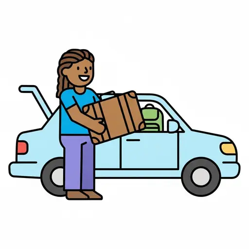 A person carries a brown suitcase to a car with the boot open and a green backpack inside.