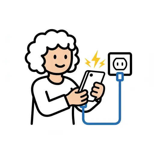 A person holds a phone connected by a cable to a wall socket.