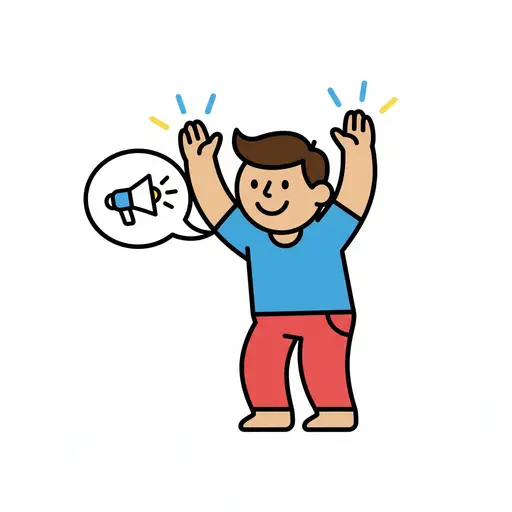 A smiling person in a blue t-shirt and red trousers raising both arms, with a speech bubble beside them showing a blue megaphone.