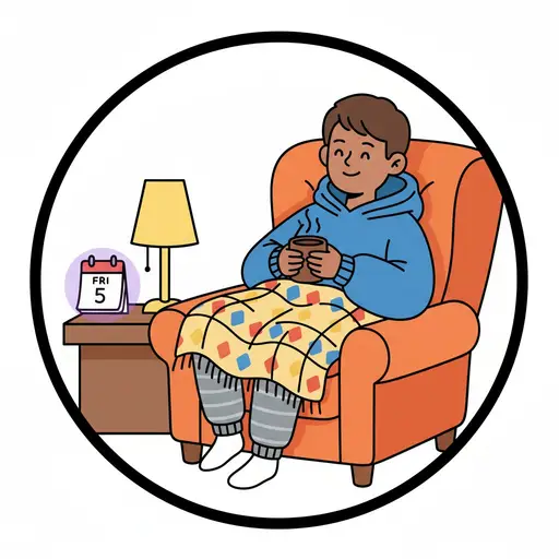 Een persoon zit lekker in een fauteuil onder een deken met een patroon en houdt een dampende mok vast. Naast hem staat een tafeltje met een lamp en een kalender met VRIJ 5.