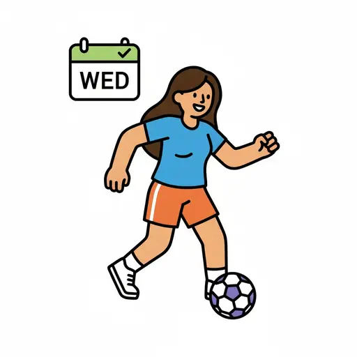 A smiling person in a blue top and orange shorts moves a football along, beneath a calendar marked WED with a tick.