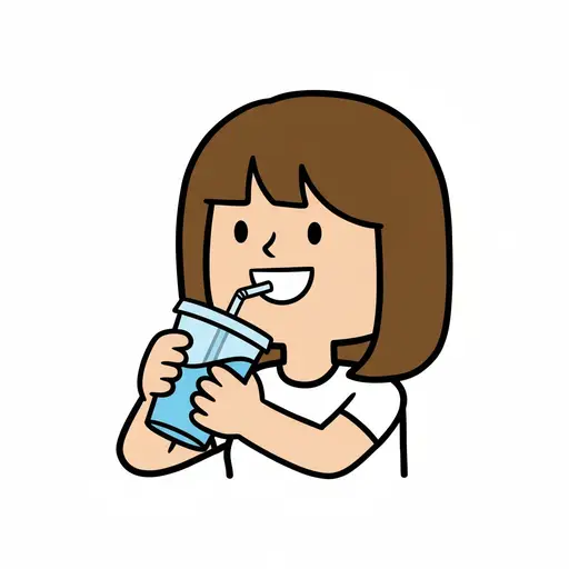 Een persoon drinkt uit een beker met een rietje.