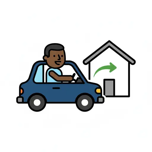 Een persoon rijdt in een blauwe auto naar een huispictogram toe met een groene pijl die naar het huis wijst.