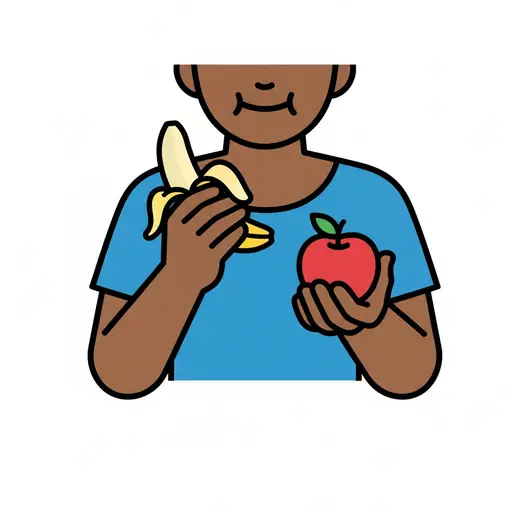 En person håller en banan och ett rött äpple. Personen håller den skalade bananen i ena handen och äpplet i den andra.
