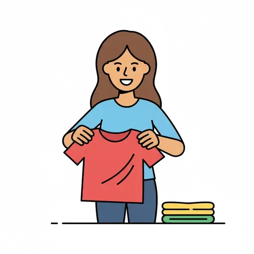 Een persoon vouwt een rood T-shirt op met een stapel opgevouwen kleren ernaast.