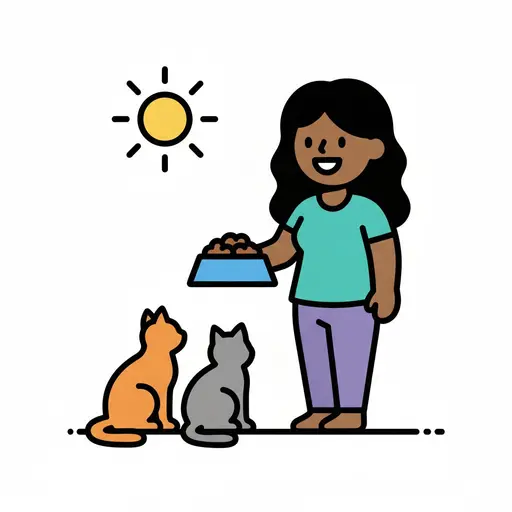 A smiling person holds a blue bowl of dry food while an orange and a grey cat sit waiting, with a sun in the background.