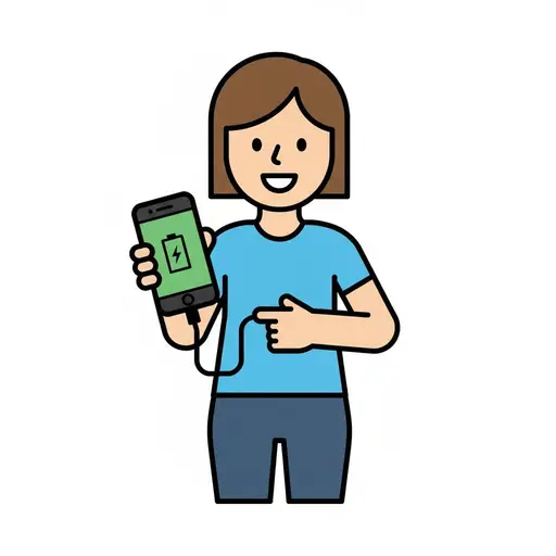 Een persoon houdt een telefoon met een groen laadscherm en een kabel vast en wijst ernaar.