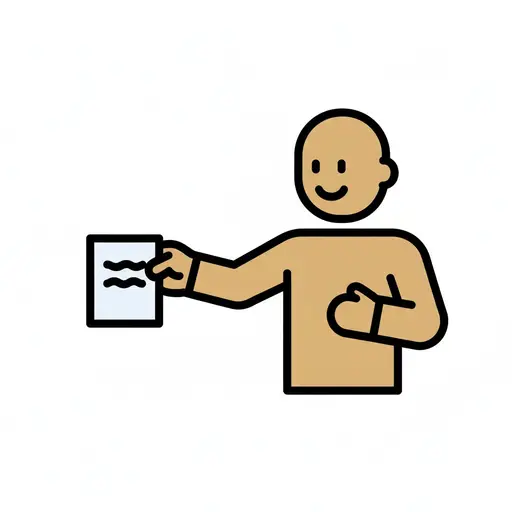 Een eenvoudige tekening van een persoon die een wit briefje voorhoudt.