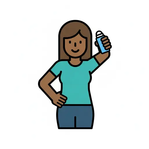 En leende person med handen i sidan håller upp en blå roll-on-deodorant.