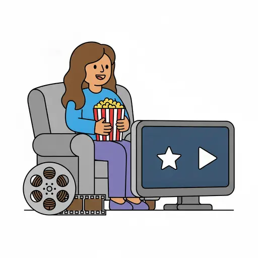 A smiling person sits in a grey armchair with a tub of popcorn watching a screen showing a star and a play symbol, beside a film reel.