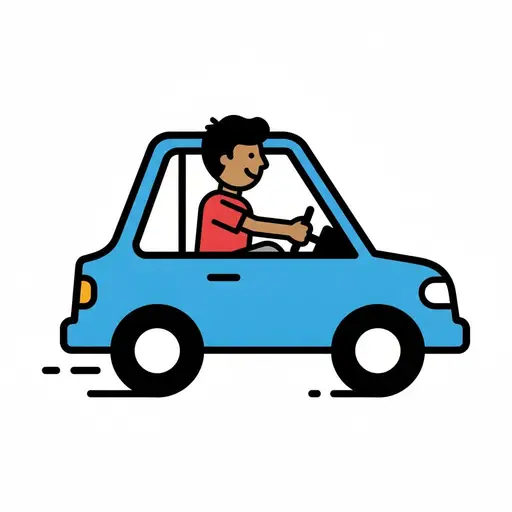 Een lachende persoon in een rood T-shirt houdt het stuur vast en rijdt in een kleine blauwe auto.