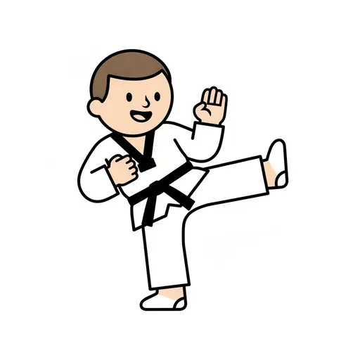 A smiling person in a white martial arts suit with a black belt performs a high kick with one hand raised.