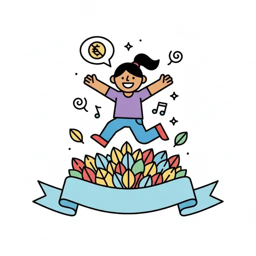 A happy person with a ponytail jumps with arms raised above a pile of colourful leaves and a blank blue banner, surrounded by sparkles, music notes and a speech bubble with a coin.