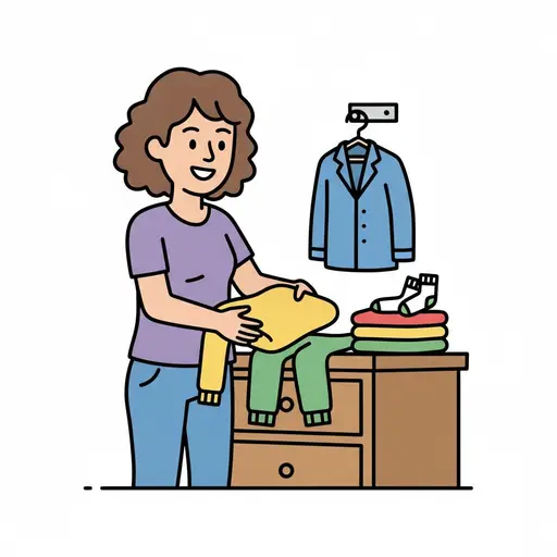 Een persoon vouwt een geel topje op een ladekast met een groene broek, opgevouwen kleren, sokken en een blauw shirt op een hangertje.