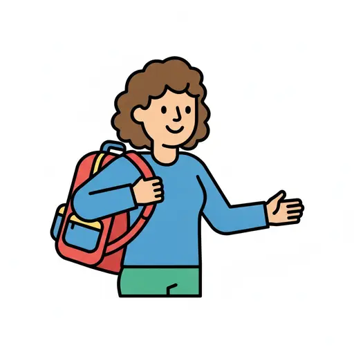 Eine lächelnde Person streift einen roten Rucksack von der Schulter und streckt den anderen Arm aus.