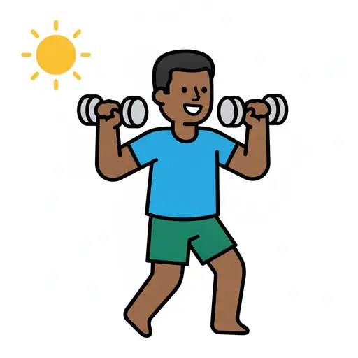 En leende person i blå t-shirt och gröna shorts lyfter en hantel i varje hand, med en gul sol i hörnet.
