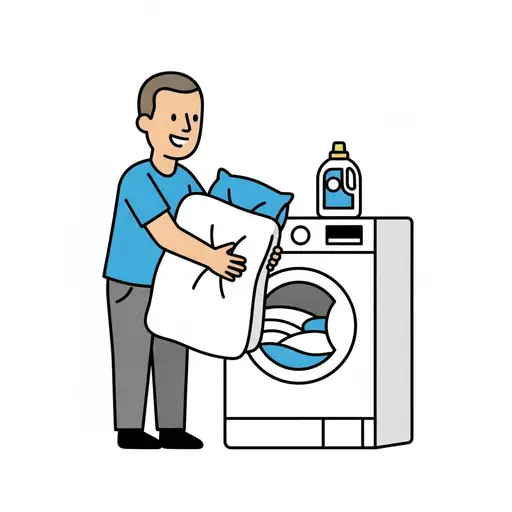 Een persoon doet een wit dekbed en een blauw kussen in een wasmachine, met wasmiddel erbovenop.