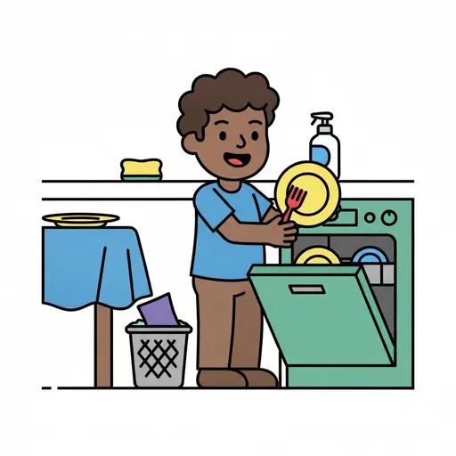 A smiling person holds a yellow plate with a fork in front of an open green dishwasher, with a laid table, a soap bottle and a waste basket nearby.