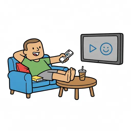 A person lounges on a blue sofa with feet up, pointing a remote at a TV, a drink on the table.