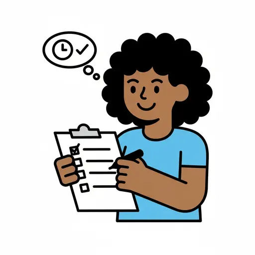 Een persoon met krullend haar schrijft op een checklist. Een gedachtewolk met een klok en een vinkje staat voor het op tijd afronden van taken.