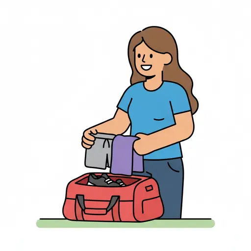 A smiling person puts shorts and a purple top into a red sports bag that already holds a pair of shoes.
