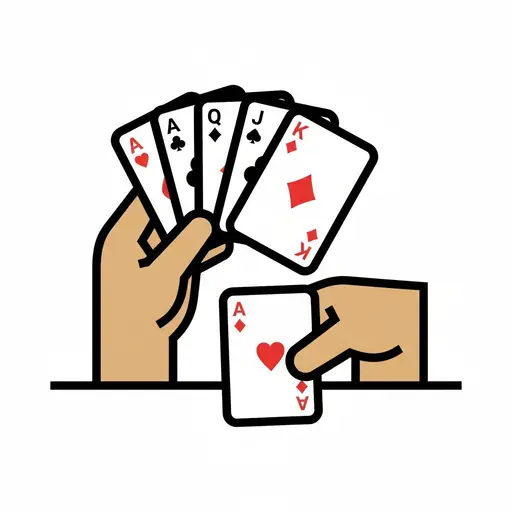 A hand holds a fan of cards while another hand lays down an ace of hearts.