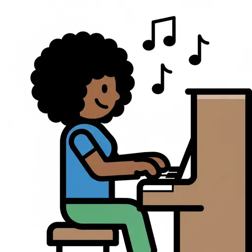 Henkilö istuu soittamassa pianoa. Nuotteja leijuu ilmassa pianon yläpuolella.