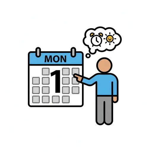 A person points at a Monday calendar, thinking of an alarm clock and the sun.
