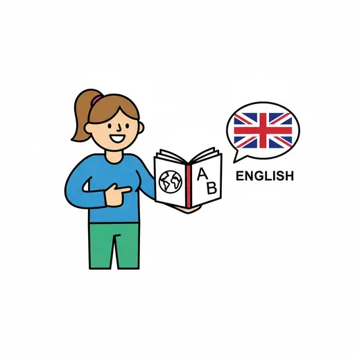 En smilende person med hestehale holder en åpen bok med en globus og bokstavene A og B og peker på den, ved siden av en snakkeboble med britisk flagg og ordet ENGLISH.