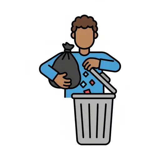 Iemand tilt een zwarte vuilniszak naar een grijze vuilnisbak met open deksel.
