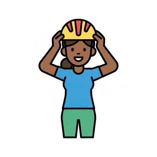 Een persoon zet een geel met rode fietshelm op zijn hoofd.