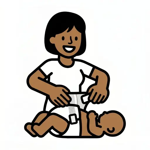 Een persoon doet een schone luier om bij een baby die op zijn rug ligt.