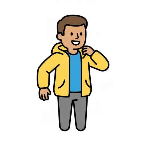 Een persoon trekt een gele jas over een blauw topje aan.
