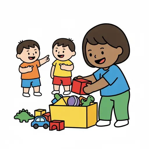 A smiling person places a red block into a yellow toy box while two smiling children point at it, with a dinosaur, a car and blocks on the floor.