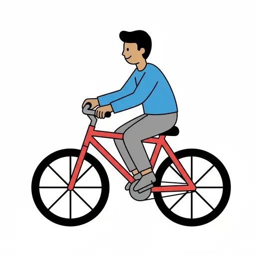 A person rides a red bike.