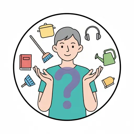 Eine Person zuckt mit den Schultern, ein Fragezeichen auf dem Shirt, umgeben von einem Topf, Kopfhörern, einem Buch, einem Besen und einer Gießkanne.