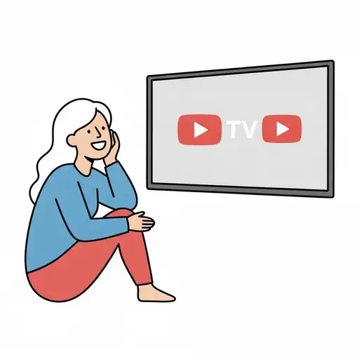 A smiling person sits on the floor with their chin in their hand watching a wall-mounted television showing play symbols on the screen.