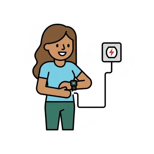 Een persoon houdt een pols met een smartwatch voor zich, verbonden met een laadkabel in een stopcontact.