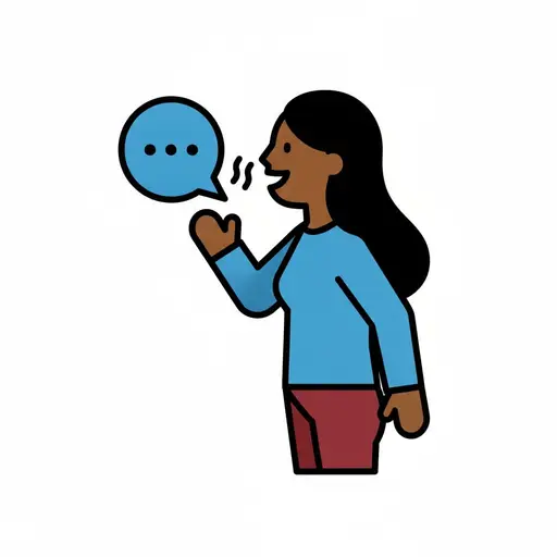 Een persoon staat in profiel te praten, met een blauwe tekstballon met drie puntjes en een opgestoken hand.