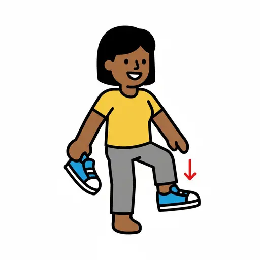 A person taking off a blue shoe. The person is holding the other shoe in their hand.