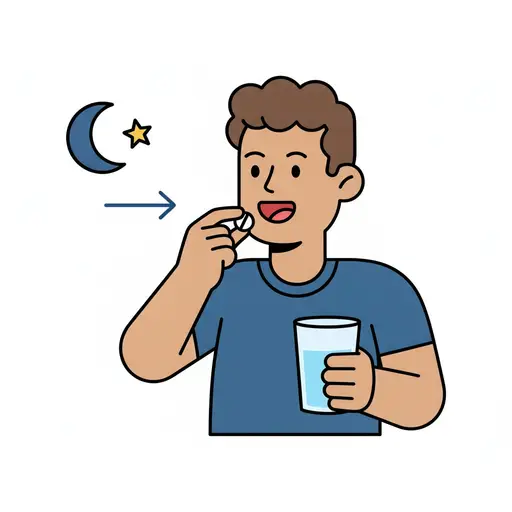 Een persoon houdt een witte tablet bij zijn mond en in de andere hand een glas water, met een maan, een ster en een pijl ernaast.