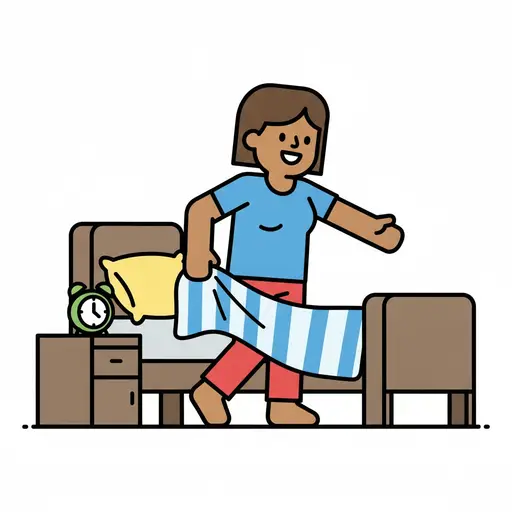 Een lachende persoon in pyjama komt uit bed en slaat een gestreept dekbed terug, met een groene wekker op het nachtkastje.