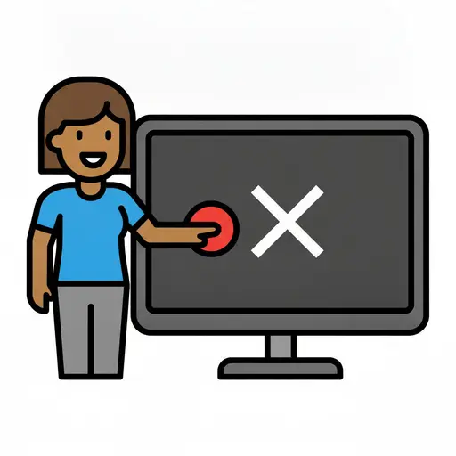 Een lachende persoon drukt op een rode knop op een televisie met een wit kruis op het donkere scherm.