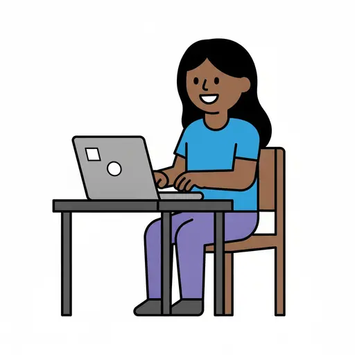 Een lachende persoon zit op een houten stoel aan een bureau en typt op een grijze laptop.