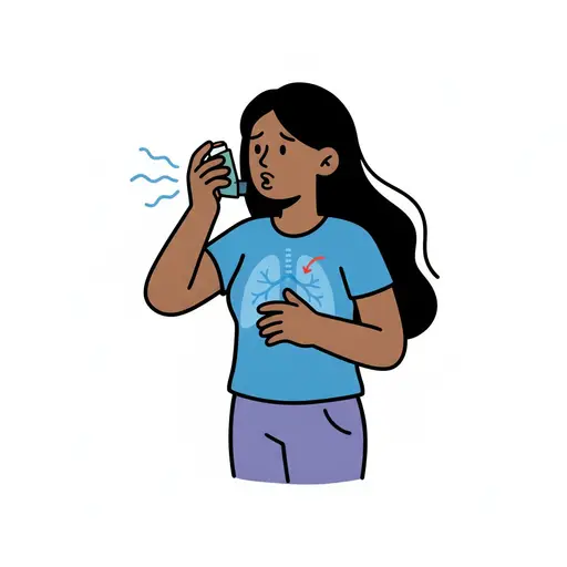 Een persoon met een bezorgde blik brengt een blauwe inhalator naar zijn mond en houdt de andere hand op zijn borst, met longen op het T-shirt.