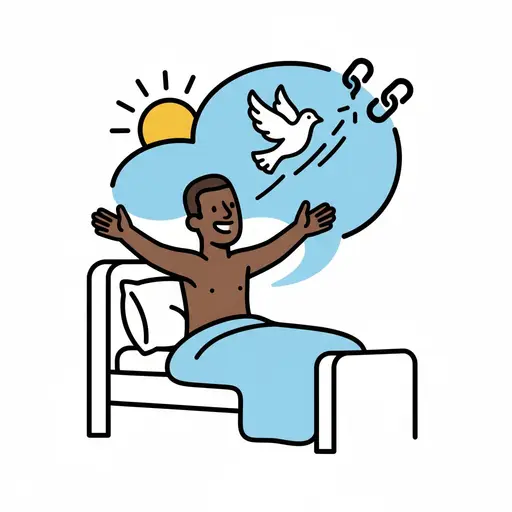 Een lachende persoon zit rechtop in bed met de armen wijd gespreid en een blauwe deken over zijn schoot, met een zon, een vliegende duif en een brekende ketting op de achtergrond.