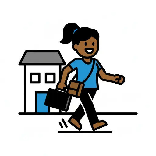 Een lachende persoon loopt weg van een huis met een koffertje en een schoudertas.